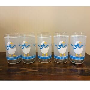 5 Vintage Libby Country Goose Drinking Glasses Duck Blue Ribbon 5 3/4" Tall EUC